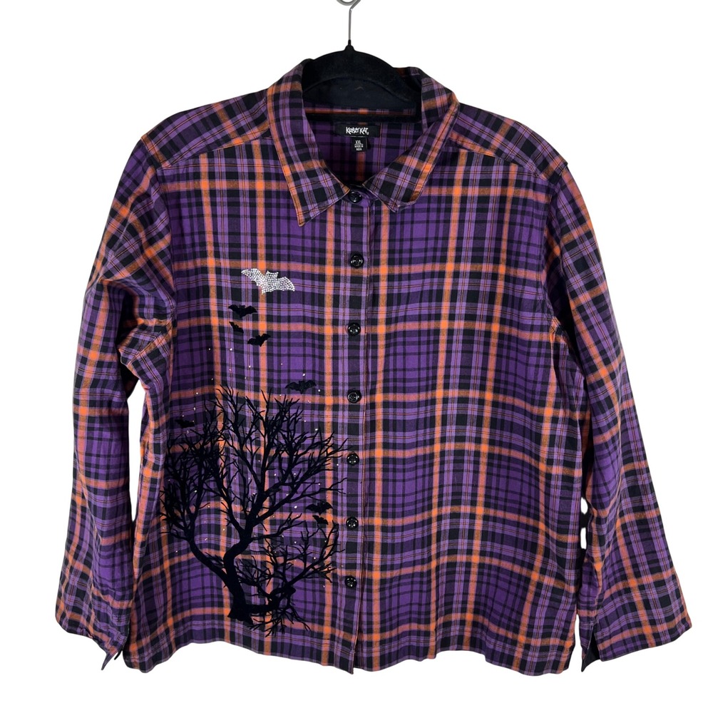 Krazy Kat Womens XXL‎ Purple Orange Plaid Halloween Bat Tree Flannel Shirt Top